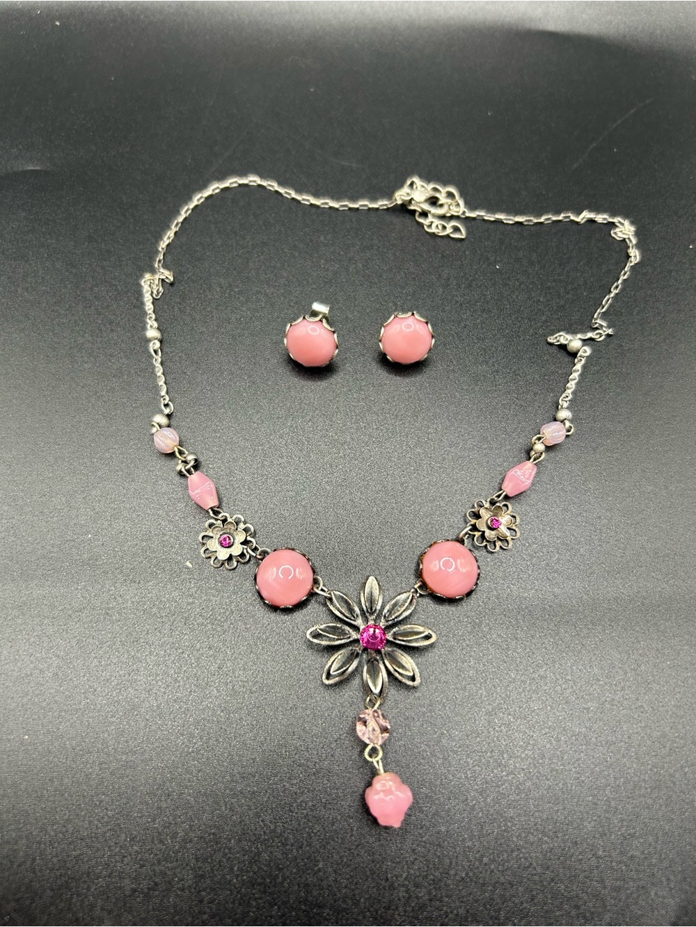 Pink Floral Pendant Necklace and Stud Earrings Set - Orna Collection